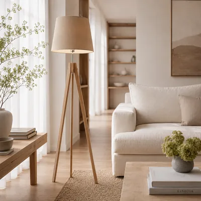 Lampa stojąca drewniana z welurowym abażurem do salonu ARUBA VELUR