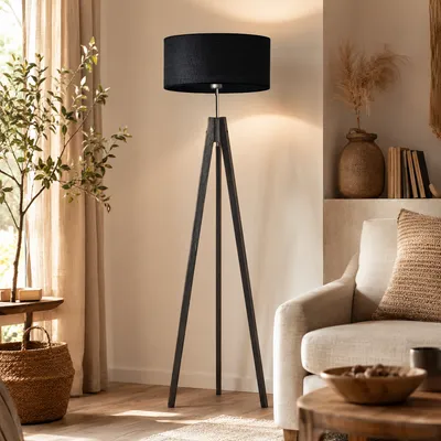 Czarna lampa stojąca boho z drewnianym stelażem HAITI BOHO