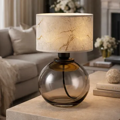 Lampa stołowa glamour szklana LUTON MARMUR z białym abażurem imitującym marmur