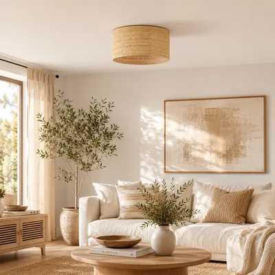 Nowoczesna lampa sufitowa do salonu z rattanowym kloszem DUBAJ BOHO fi - 30 cm