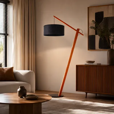 Lampa stojąca drewniana TORINO BOHO z rattanowym abażurem w kolorze czarnym