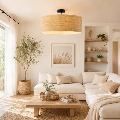 Beżowa lampa sufitowa do salonu z rattanu WENECJA BOHO fi - 60 cm