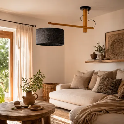 Lampa sufitowa z drewna FOGGIA BOHO do salonu z rattanowym abażurem