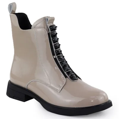 Skórzane botki damskie lakierowane beżowe D&A S.Barski Premium Collection MR52-108