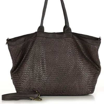 Duża torba shopper z plecionej skóry naturalnej - MARCO MAZZINI ciemnobrązowa caffe