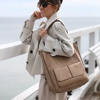 Torebka damska shopper A4 skóra naturalna - MARCO MAZZINI beżowy taupe
