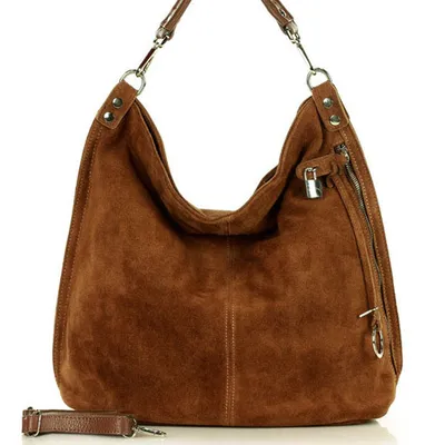 Torebka skórzana ponadczasowy design worek na ramię XL hobo leather bag - MARCO MAZZINI nubuk brąz migdałowy