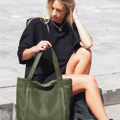 Miękka torba typu shopper skórzana na ramię - MARCO MAZZINI - zielona