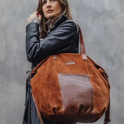 Torba skórzana zamszowa shopper z kieszeniami - It bag MARCO MAZZINI brązowy