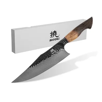 Nóż szefa kuchni Shiori 撓 Homura Sifu ze stali damasceńskiej, rekojeść z drewna dębowego z przypaloną rączką