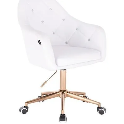 FOTEL HR830 BIAŁA SKÓRA ZŁOTE KÓŁKA