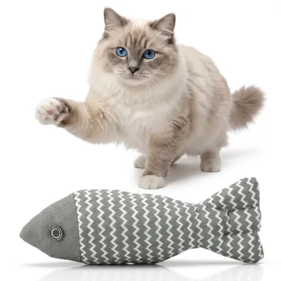 Zabawka dla kota rybka z kocimiętką 21 cm | Pluszowa rybka do gryzienia i kopania | PET-011-Grey