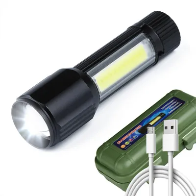 Mała aluminiowa latarka taktyczna LED XPE Q5 CREE + COB | funkcja zoom, wbudowany akumulator, micro USB, futerał | 800lm, 3 tryby świecenia | TL-502
