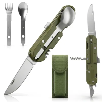 Niezbędnik turystyczny 8w1 ze sztućcami | Nóż, łyżka, widelec, otwieracze i pokrowiec | Multitool campingowy do biwaku, podróży i outdooru | MFT-013-