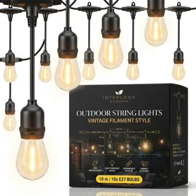 Girlanda ogrodowa LED 10 m | 10 żarówek E27 filament 1W | Ciepłe białe światło na taras i do ogrodu