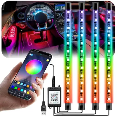 Oświetlenie LED RGB wnętrza samochodu pod USB | łączność Bluetooth z aplikacją w telefonie | 4x pasek LED 12 diod 5050 22cm | pilot IR | tryby muzycz