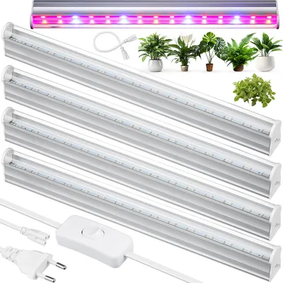 Zestaw 4 lamp do wzrostu kwiatów | Lampa 6W do uprawy roślin | Lampa z kablem zasilającym oraz przewodem łączeniowym | DG-T5-Whitel