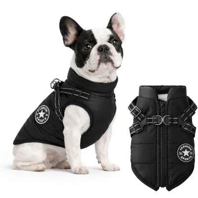Zimowa kurtka dla psa z szelkami XXL | Wodoodporna kurtka polarowa | Odblaskowa odzież dla psa na zimę |PET-016XXL-BK