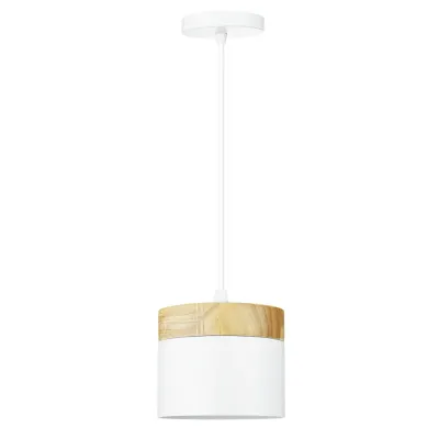 Lampa wisząca biała z drewnianym elementem | Minimalistyczna lampa w stylu skandynawskim z oprawą sufitowa E27 do salonu, sypialni | YG-XD003-W