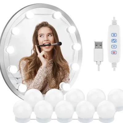 Lampki na lustro toaletki, do makijażu | 10 sztuk, 3 barwy świecenia, regulacja jasności, kabel USB 2m | HZJ-V10
