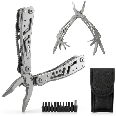 Multitool wielofunkcyjny z kombinerkami 16,5 cm | Stal nierdzewna i 11 bitów z adapterem | Narzędzie EDC do biwaku, kempingu i warsztatu | MFT-015-SV