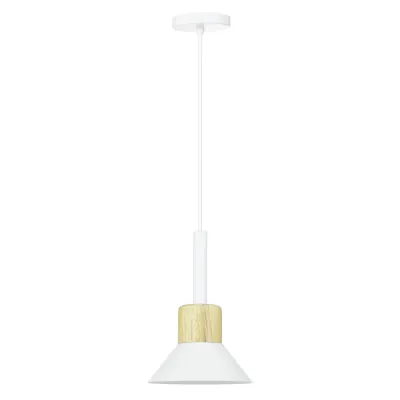 Lampa wisząca z białym kloszem i drewnem | Minimalistyczna lampa w stylu skandynawskim z oprawą E27 | YG-XD002B-W