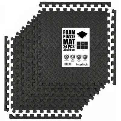 Maty piankowe puzzle EVA 30×30 cm 6 szt. | Mata treningowa fitness antypoślizgowa | Ochrona podłogi + obrzeża| FTP-02-30CM-BK