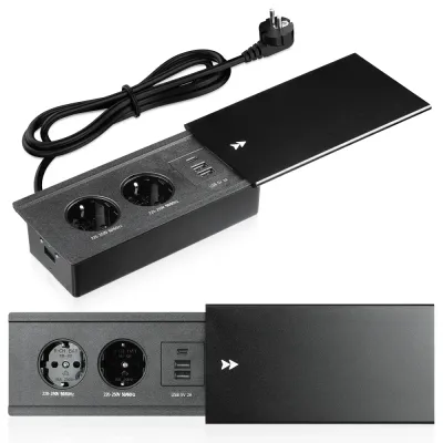 Gniazdo blatowe wpuszczane z przesuwną pokrywą | podwójne gniazdo zasilające z ładowarką USB PD | czarny | JX-S328-BLACK