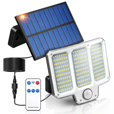 Solarna lampa ścienna LED 210 LED z czujnikiem ruchu i pilotem | Zewnętrzne oświetlenie elewacyjne IP65 z panelem solarnym |SWL-210LED-BLACK