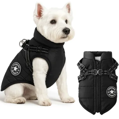 Zimowa kurtka dla psa z szelkami XL | Wodoodporna kurtka polarowa | Odblaskowa odzież dla psa na zimę | PET-016XL-BK