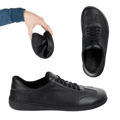 Buty męskie barefoot minimalistyczne skórzane 0742WK czarny tłoczony na czarnym spodzie