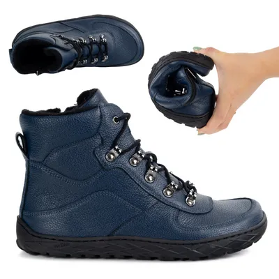 Buty barefoot zimowe damskie skórzane ocieplane wełną lekkie granatowe 1292