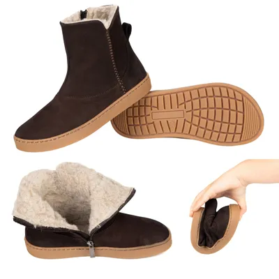 Botki damskie barefoot Olivier Marisol, skóra naturalna, wełna merino brązowe
