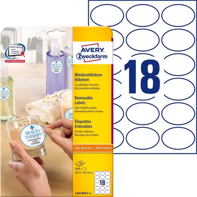 Etykiety Samoprzylepne Avery Owalne 63.5x42.3 18/A4 A'25 Białe No.L6024REV-25