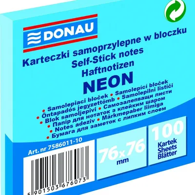Bloczek Samoprzylepny Donau 76X76mm 1X100 Kart. Neon Niebieski
