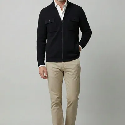 Sweter męski czarny na zamek z kieszeniemi styl militarny