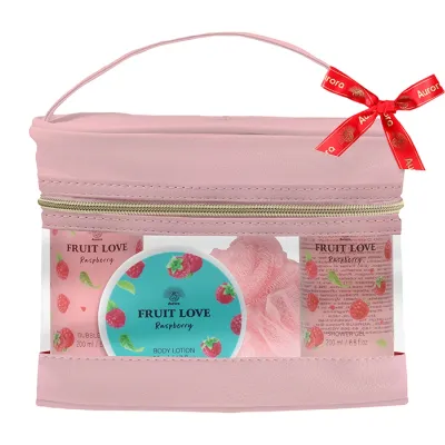 Aurora Fruit Love Raspberry zestaw prezentowy żel pod prysznic 200 ml + balsam do ciała 50 ml + piana do kąpieli 200 ml + gąbka