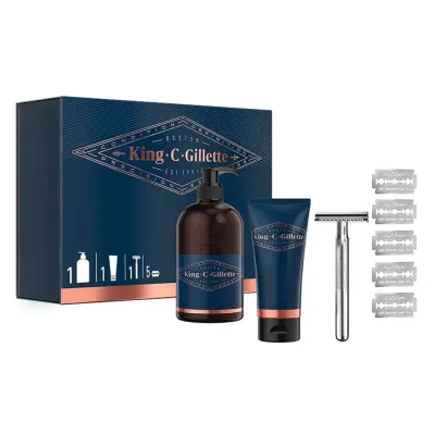 Gillette King C Gillette zestaw maszynka Double Edge + żel do mycia twarzy i golenia + 5 ostrzy