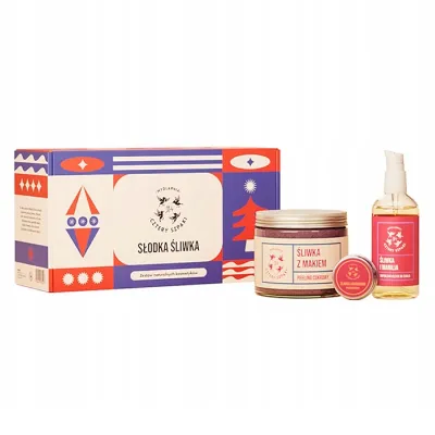 Mydlarnia Cztery Szpaki zestaw prezentowy kosmetyków naturalnych Słodka Śliwka peeling cukrowy 250 ml + olejek do ciała 100 ml + balsam do ust 15 ml