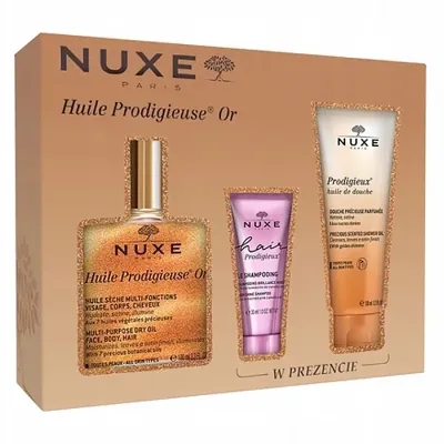 Nuxe Huile Prodigieuse Or zestaw prezentowy wielofunkcyjny olejek 100 ml + szampon wygładzający 30 ml + olejek pod prysznic 100 ml