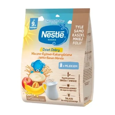 Nestle Dzień Dobry kaszka mleczno-ryżowo-kukurydziana po 9 miesiącu Jabłko-Banan-Morela 230g