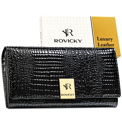 Lakierowany, czarny portfel damski ze skóry naturalnej z systemem RFID RH-20A-1-RS Rovicky