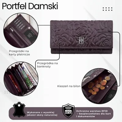 Duży portfel damski skórzany przestronny burgundowy w kwiaty Paolo Peruzzi AL-14-BGD