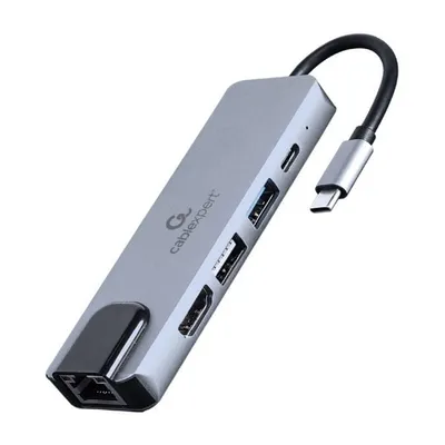 GEMBIRD MULTI ADAPTER USB TYP-C 5W1 (HUB + HDMI + PD + CZYTNIK KART + LAN) SREBRNY