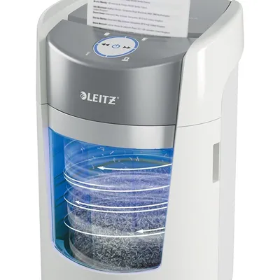 Niszczarka Leitz IQ OptiMax Small Office 350, 22l, P5, 8 kartek, Automatyczny Start/Stop, Funkcja cofania, Obrotowy pojemnik - 33% większa pojemność n