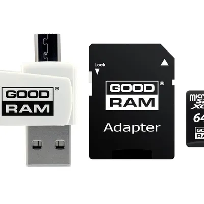 Karta pamięci z adapterem i czytnikiem kart GoodRam All in one M1A4-0640R12 (64GB; Class 10; Adapter, Czytnik kart MicroSDHC, Karta pamięci)
