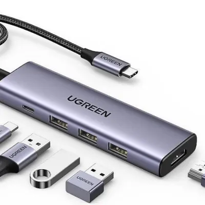 Ugreen Wielofunkcyjny HUB 5w1 USB-C - HDMI 1.4 / 3 x USB-A / USB-C PD 100W CM511 - szary