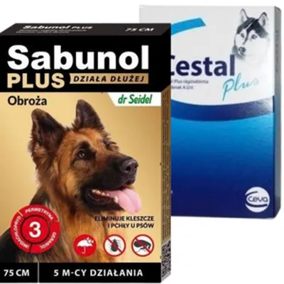 Sabunol Plus - Obroża przeciw pchłom i kleszczom dla psa 75cm+ Cestal Dog Plus tabletki na odrobaczanie psów 2 sztuki