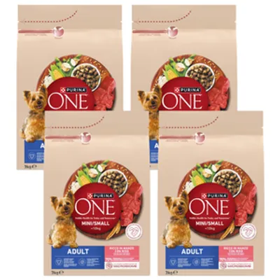 PURINA ONE Adult Mini/Small Karma dla dorosłych psów bogata w wołowinę z ryżem 4x3 kg