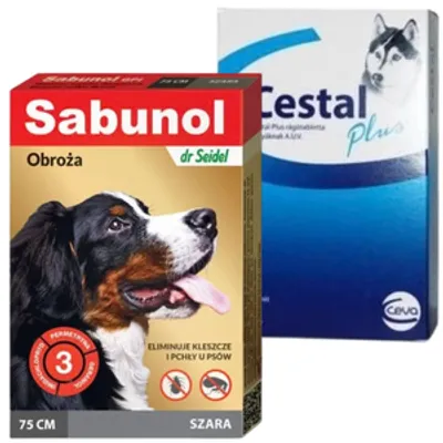 Sabunol szara obroża przeciw pchłom i kleszczom dla psa 75 cm+Cestal Dog Plus tabletki na odrobaczanie psów 2 sztuki